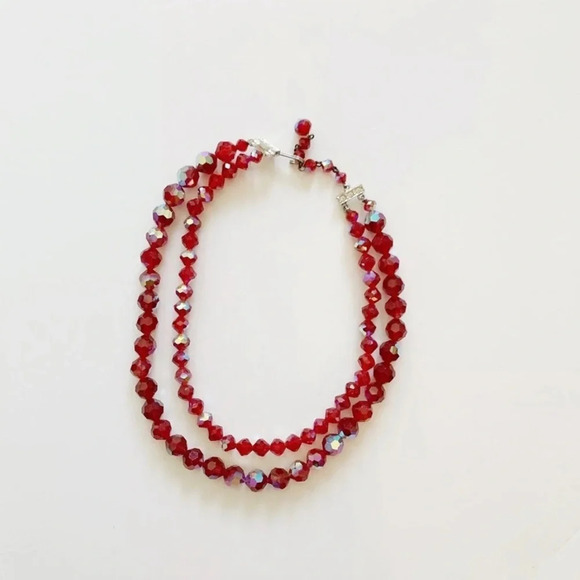 Vintage 1950s Ruby Swarovski Crystal Aurora Borealis Beaded Necklace - Picture 4 of 8